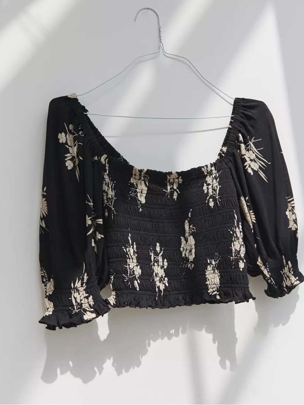 Urban Outfitters Giselle Black Floral Smocked Off-Shoulder Crop Top